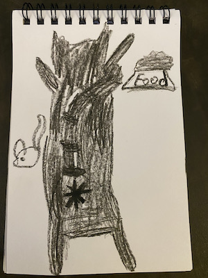 black and white child's drawing of cat lunging at food and mouse; butt is visible